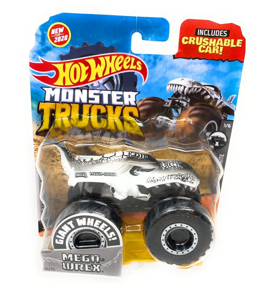 Hot Wheel Monster Truck 2020 Mega- Wrex Giant Wheels with crushable car Black and White 3/6